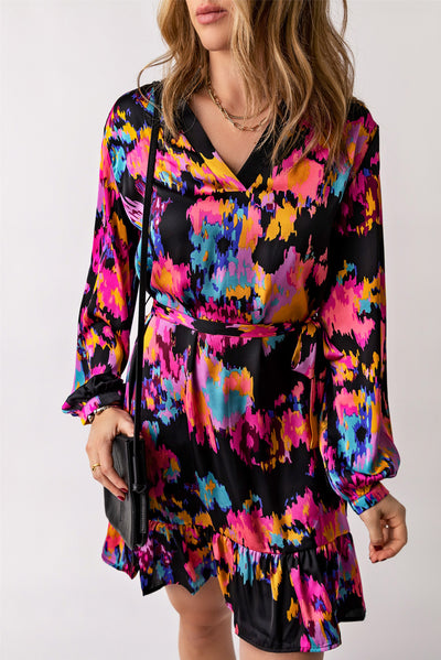 Explore More Collection - Abstract Print Belted Ruffle Hem Dress