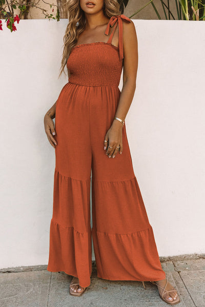 Explore More Collection - Tie-Shoulder Smocked Tiered Jumpsuit