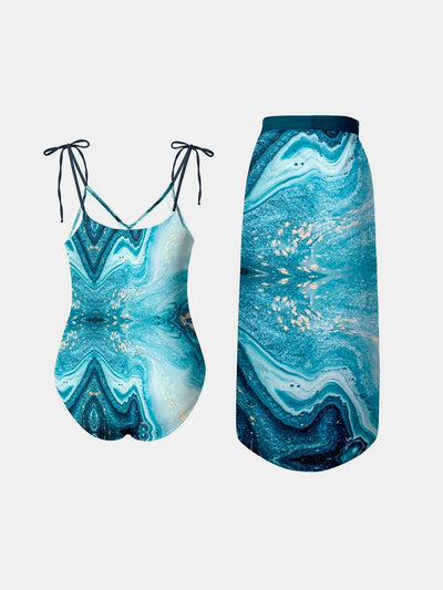 Explore More Collection - Printed Tie Shoulder Swimwear and Skirt Swim Set