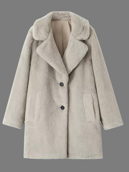 Explore More Collection - Faux Fur Button Up Lapel Neck Coat with Pocket