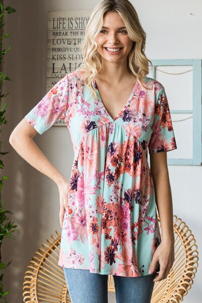 Explore More Collection - Heimish Full Size Floral V-Neck Short Sleeve Babydoll Blouse