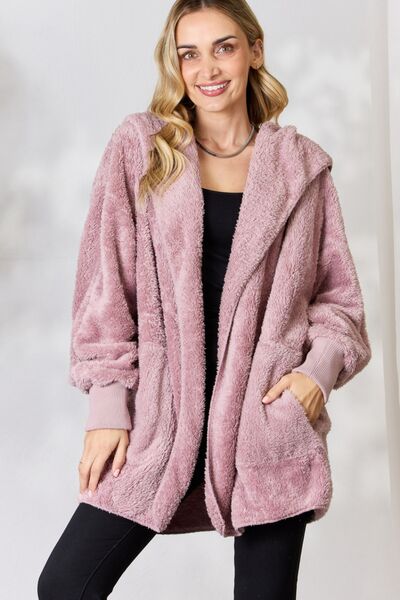 Explore More Collection - H&T Faux Fur Open Front Hooded Jacket