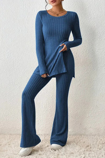 Explore More Collection - Ribbed Long Sleeve Slit Top and Bootcut Pants Set