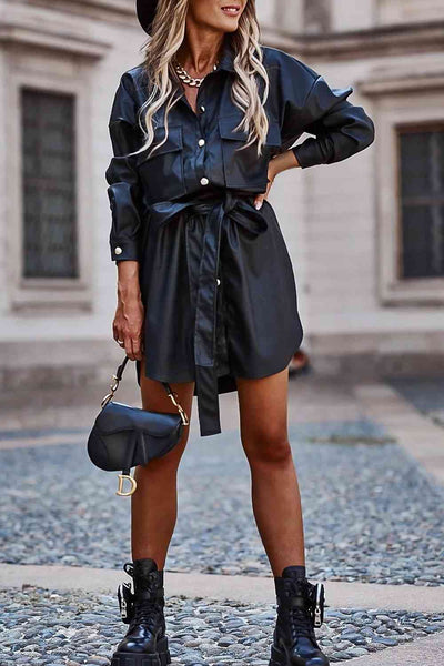 Explore More Collection - Tie Waist Collared Long Sleeve Dress