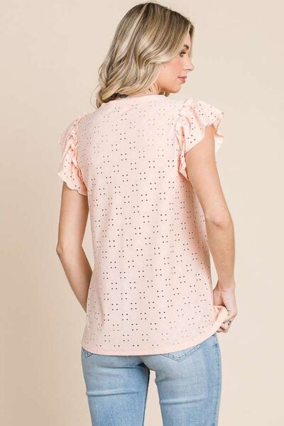 Explore More Collection - Culture Code Eyelet Round Neck Ruffled Cap Sleeve Top