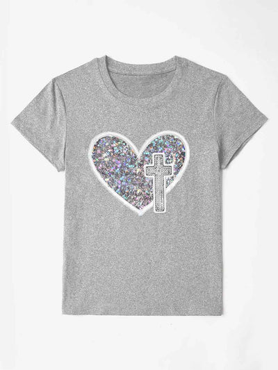 Explore More Collection - Sequin Heart Round Neck Short Sleeve T-Shirt