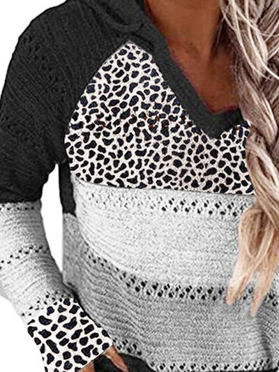 Explore More Collection - Full Size Openwork Leopard Drawstring Hooded Sweater