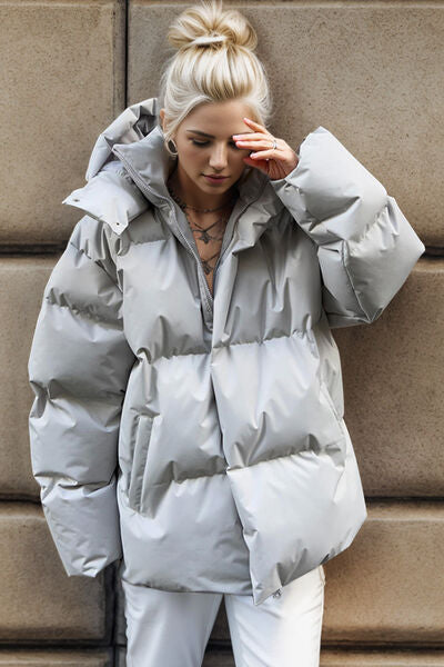 Explore More Collection - Pocketed Zip Up Hooded Puffer Jacket