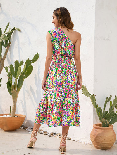 Explore More Collection - Ruffled Printed One Shoulder Midi Dress