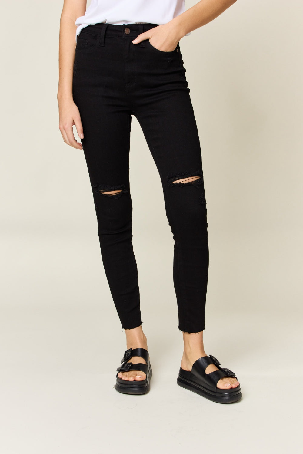 Explore More Collection - Judy Blue Full Size Distressed Tummy Control High Waist Skinny Jeans