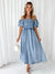 Explore More Collection - Off-Shoulder Balloon Sleeve Denim Dress