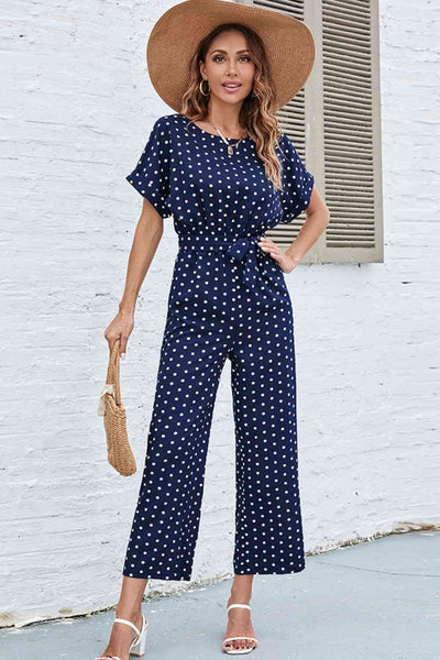 Explore More Collection - Polka Dot Round Neck Cutout Jumpsuit