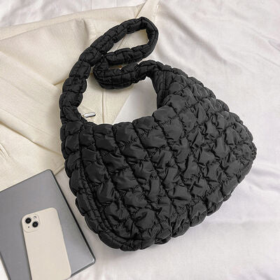 Explore More Collection - Quilted Pleated Plaid Shoulder Bag with Zipper