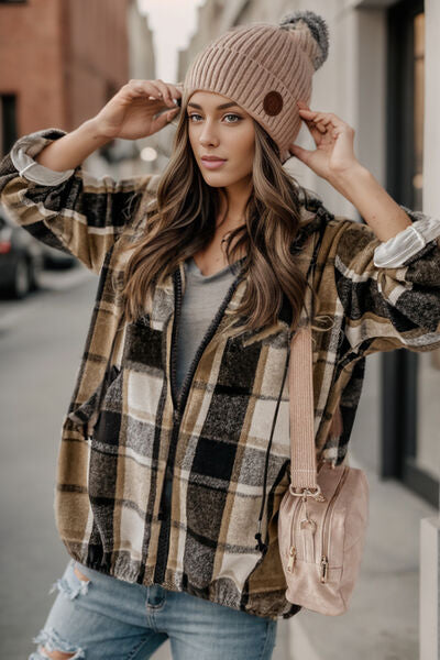 Explore More Collection - Plaid Zip Up Drawstring Hooded Jacket
