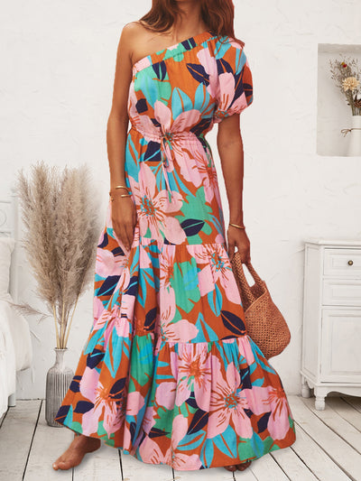 Explore More Collection - Printed One Shoulder Puff Sleeve Dress