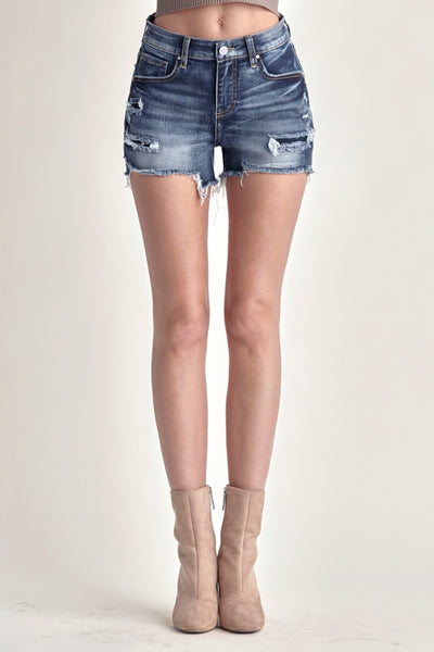 Explore More Collection - RISEN Mid Rise Raw Hem Denim Shorts