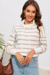 Explore More Collection - Cowl Neck Drastring Dropped Shoudler Striped Print Blouse