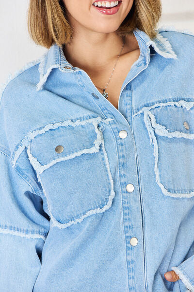 Explore More Collection - PEACE Raw Hem Dropped Shoulder Denim Top