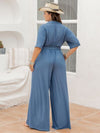 Explore More Collection - Plus Size Ribbed Half Button Tie-Waist Jumpsuit