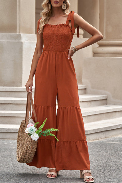 Explore More Collection - Tie-Shoulder Smocked Tiered Jumpsuit