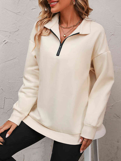 Explore More Collection - Zip-Up Dropped Shoulder Sweatshirt