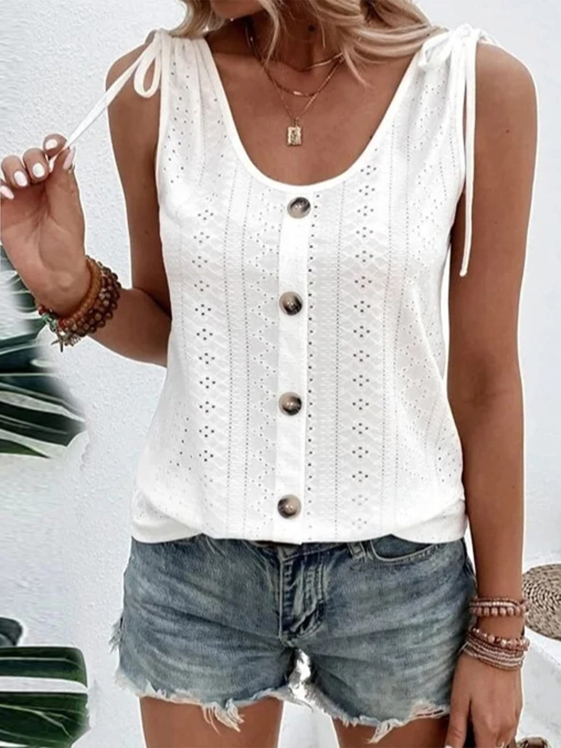 Explore More Collection - Eyelet Tie Shoulder Scoop Neck Tank