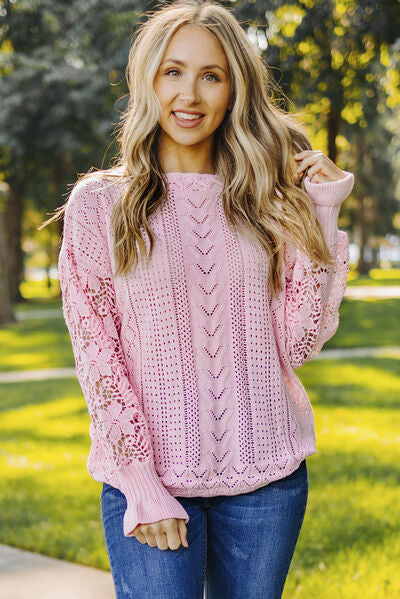 Explore More Collection - Openwork Lantern Sleeve Dropped Shoulder Sweater