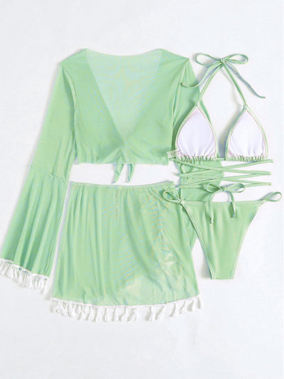 Explore More  Collection - Halter Neck Bra, Bottom, Tassel Flare Sleeve Cover-Up and Skirt Four-Piece Swim Set