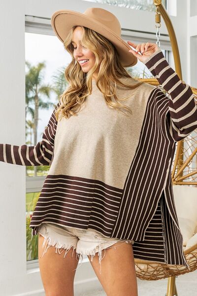 Explore More Collection - BiBi Striped Contrast Long Sleeve Slit Top