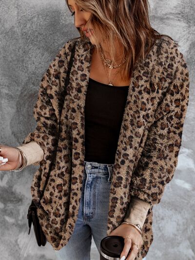 Explore More Collection - Leopard Open Front Hooded Jacket