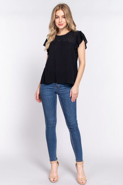 Explore More Collection - ACTIVE BASIC Ruffle Short Sleeve Crochet Blouse