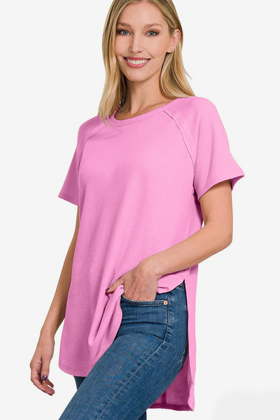 Explore More  Collection - Zenana Slit Round Neck Short Sleeve Waffle Top