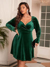 Explore More Collection - Plus Size Surplice Ruched Puff Sleeve Mini Dress