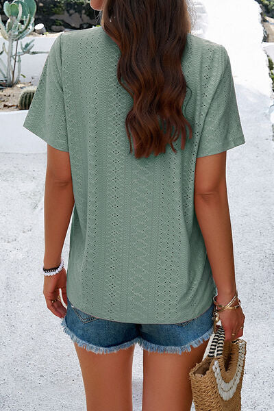 Explore More Collection - Eyelet Decorative Button V-Neck T-Shirt