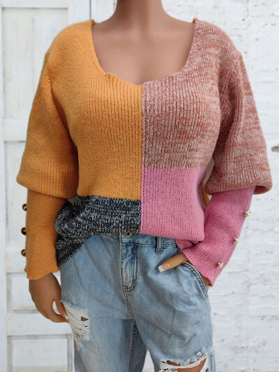 Explore More Collection - Color Block Decorative Button Long Sleeve Sweater