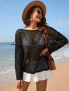 Explore More Collection - Openwork Slit Boat Neck Long Sleeve Cover-Up