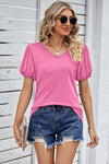 Explore More Collection - Heathered V-Neck Balloon Sleeve T-Shirt