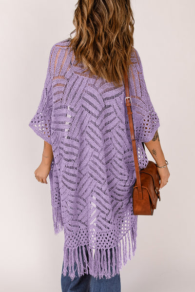 Explore More Collection - Openwork Open Front Cardigan with Fringes