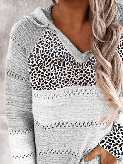 Explore More Collection - Full Size Openwork Leopard Drawstring Hooded Sweater