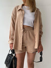 Explore More  Collection - Texture Button Up Shirt and Drawstring Shorts Set