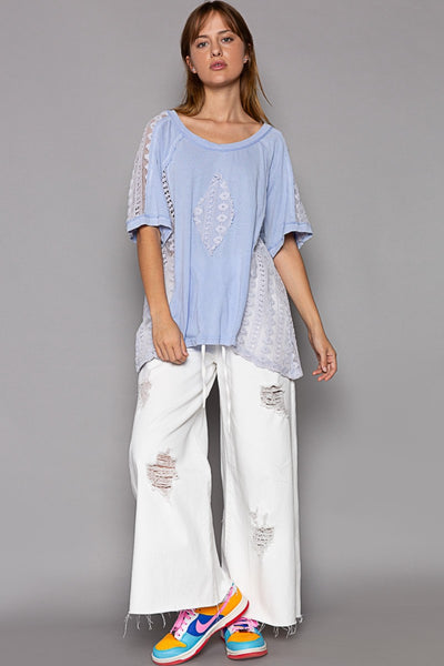 Explore More Collection - POL Short Sleeve Lace Crochet Panel Top