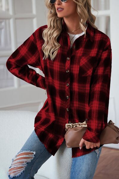 Explore More Collection - Plaid Button Up Dropped Shoulder Outerwear