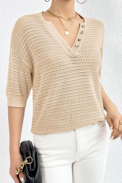 Explore More Collection - Openwork Half Button Dropped Shoulder Knit Top