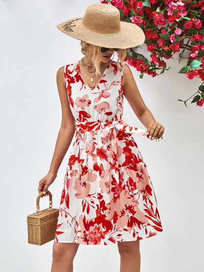 Explore More Collection - Floral V-Neck Tie Waist Sleeveless Dress