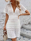 Explore More Collection - Openwork Plunge Short Sleeve Cover-Up Dress