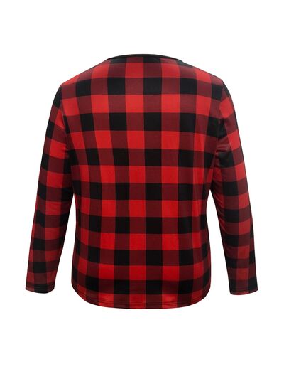 Explore More Collection - Plus Size Plaid Notched Buttoned Long Sleeve T-Shirt