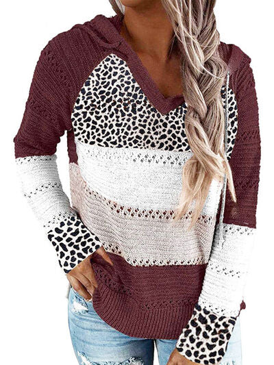 Explore More Collection - Full Size Openwork Leopard Drawstring Hooded Sweater