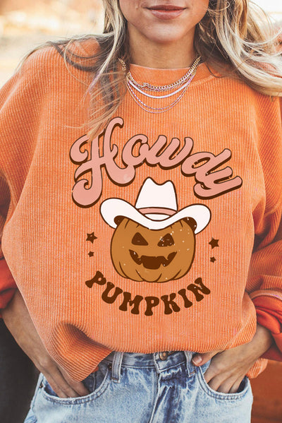 Explore More Collection - HOWDY Pumpkin Graphic Ribbed Sweatshirt