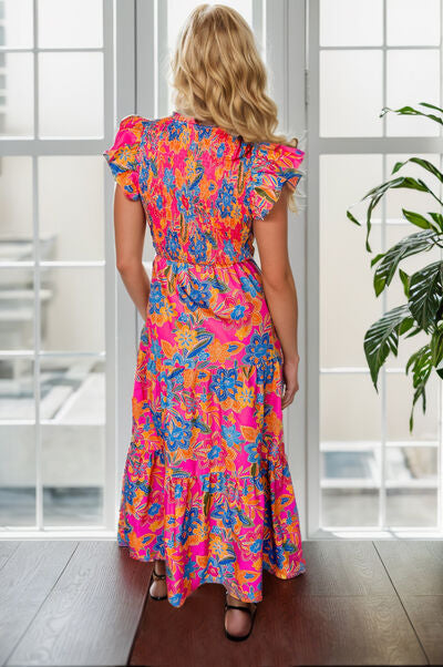 Explore More Collection - Printed V-Neck Cap Sleeve Pocketed Midi Dress