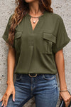 Explore More Collection - Pocketed Notched Short Sleeve Blouse